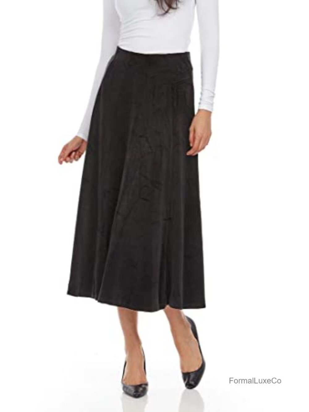 Women's Midi Panel Skirt Elastic Waist Pleated Office Flowy A-Line